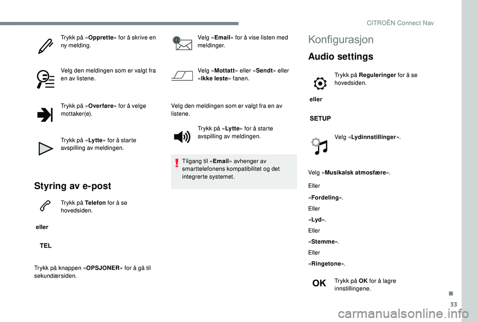 CITROEN JUMPER SPACETOURER 2018  InstruksjonsbØker (in Norwegian) 33
Trykk på «Opprette» for å skrive en 
ny melding.
Velg den meldingen som er valgt fra 
en av listene.
Trykk på « Over føre» for å velge 
m ot t a ke r (e).
Trykk på « Ly t t e» for å st
