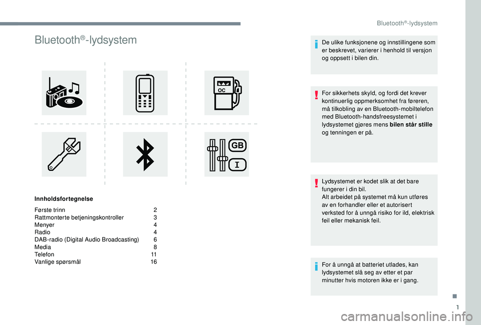 CITROEN JUMPER SPACETOURER 2018  InstruksjonsbØker (in Norwegian) 1
Bluetooth®-lydsystem
Innholdsfortegnelse
Første trinn  
2
Ra

ttmonterte betjeningskontroller   
3
M

enyer   
4
R

adio   
4
D

AB-radio (Digital Audio Broadcasting)   
6
M

edia   
8
T

elefon  