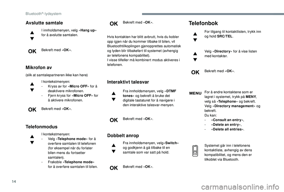 CITROEN JUMPER SPACETOURER 2018 InstruksjonsbØker (in Norwegian) 14
Avslutte samtale
I innholdsmenyen, velg «Hang up»
for å avslutte samtalen.
Bekreft med « OK».
Mikrofon av
(slik at samtalepartneren ikke kan høre)
I kontekstmenyen:
-
K
ryss av for «Micr CITROEN JUMPER SPACETOURER 2018 InstruksjonsbØker (in Norwegian) 14
Avslutte samtale
I innholdsmenyen, velg «Hang up»
for å avslutte samtalen.
Bekreft med « OK».
Mikrofon av
(slik at samtalepartneren ikke kan høre)
I kontekstmenyen:
-
K
ryss av for «Micr