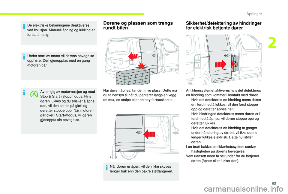 CITROEN JUMPER SPACETOURER 2018  InstruksjonsbØker (in Norwegian) 63
De elektriske betjeningene deaktiveres 
ved kollisjon. Manuell åpning og lukking er 
fortsatt mulig.
Under start av motor vil dørens bevegelse 
opphøre. Den gjenopptas med en gang 
motoren går.