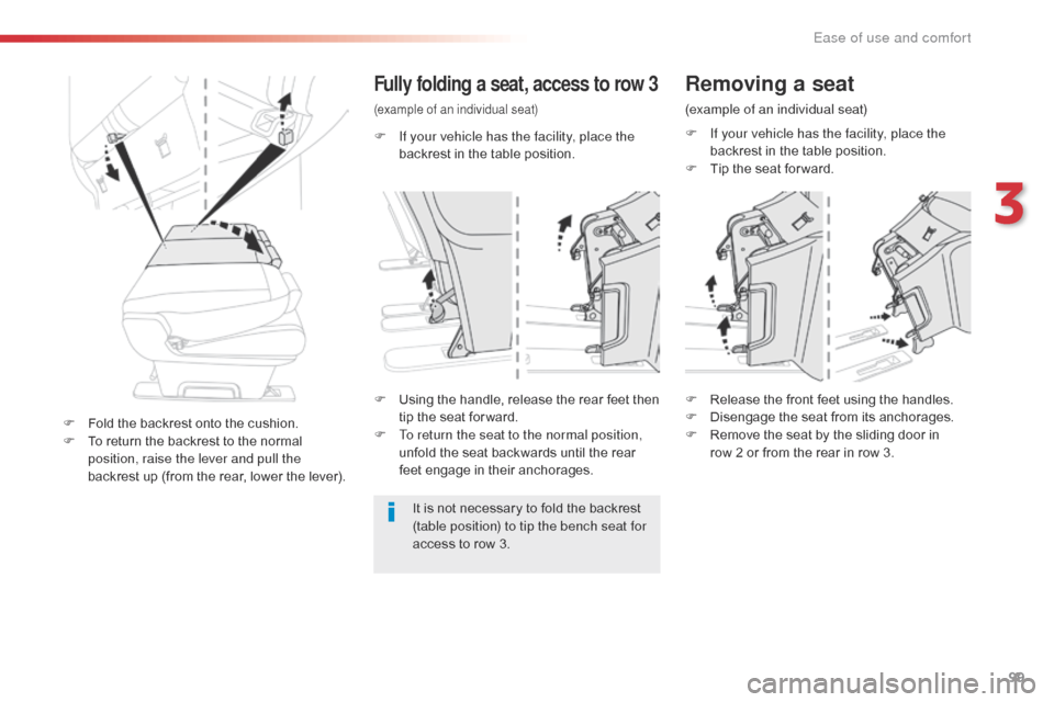 Citroen SPACETOURER 2016 1.G Owners Manual 99
Spacetourer-VP_en_Chap03_ergonomie-et-confort_ed01-2016
F If your vehicle has the facility, place the backrest in the table position.
Fully folding a seat, access to row 3
(example of an individual