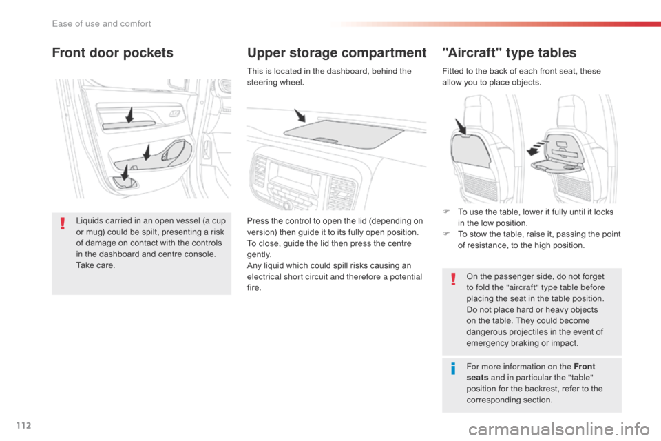 Citroen SPACETOURER 2016 1.G Owners Manual 112
Spacetourer-VP_en_Chap03_ergonomie-et-confort_ed01-2016
"Aircraft" type tables
Fitted to the back of each front seat, these 
allow you to place objects.On the passenger side, do not forget 
to fol