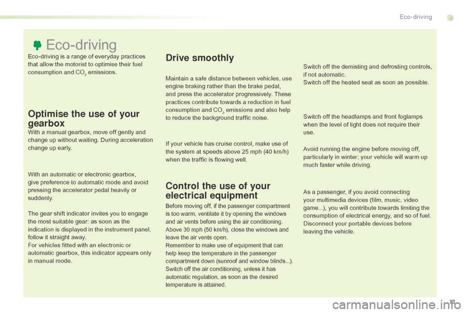 Citroen SPACETOURER 2016 1.G Owners Manual 11
Spacetourer-VP_en_Chap00c_eco-conduite_ed01-2016
Eco-driving is a range of everyday practices 
that allow the motorist to optimise their fuel 
consumption and CO
2 emissions.
Eco-driving
Optimise t
