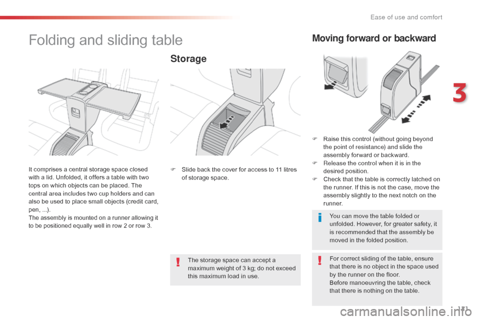 Citroen SPACETOURER 2016 1.G Owners Manual 121
Spacetourer-VP_en_Chap03_ergonomie-et-confort_ed01-2016
Folding and sliding table
Storage
For correct sliding of the table, ensure
that there is no object in the space used
by the runner on the Citroen SPACETOURER 2016 1.G Owners Manual 121
Spacetourer-VP_en_Chap03_ergonomie-et-confort_ed01-2016
Folding and sliding table
Storage
For correct sliding of the table, ensure
that there is no object in the space used
by the runner on the