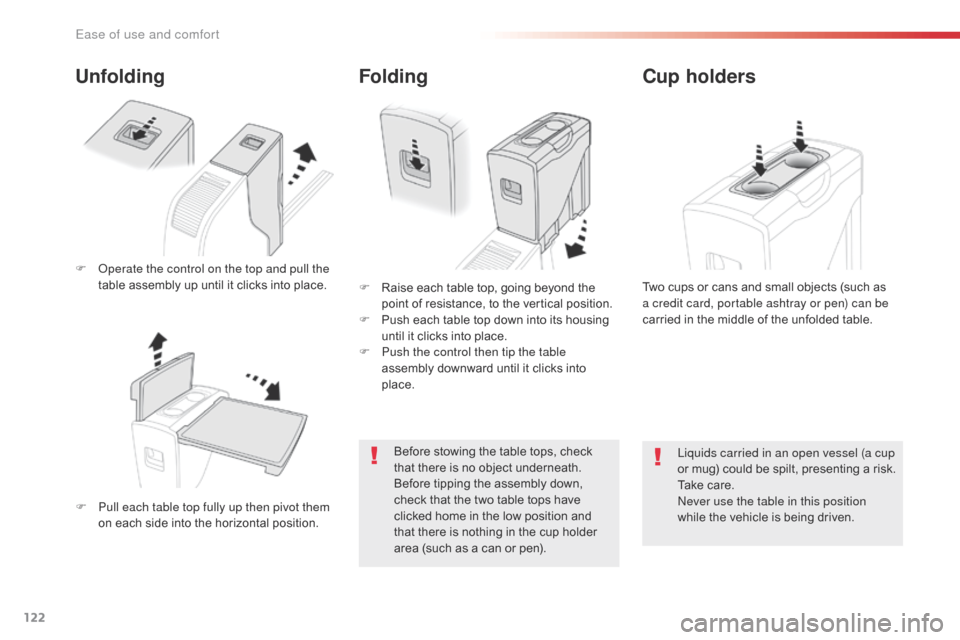 Citroen SPACETOURER 2016 1.G Owners Manual 122
Spacetourer-VP_en_Chap03_ergonomie-et-confort_ed01-2016
Unfolding
F Pull each table top fully up then pivot them on each side into the horizontal position. F
 
R
 aise each table top, going beyond