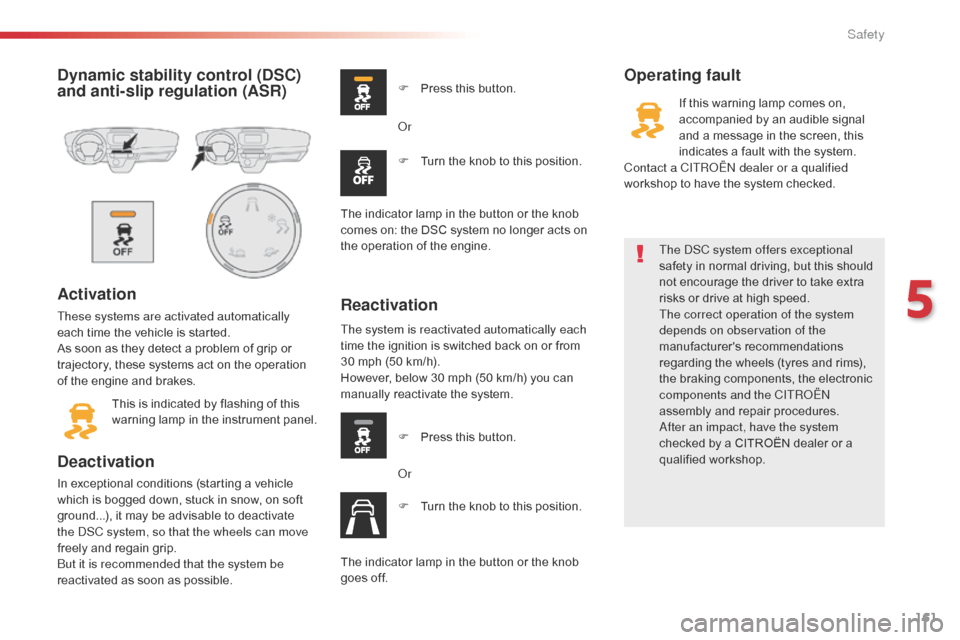 Citroen SPACETOURER 2016 1.G User Guide 161
Spacetourer-VP_en_Chap05_securite_ed01-2016
Dynamic stability control (DSC)
and anti-slip regulation (ASR)
Activation
These systems are activated automatically
each time the vehicle is started.
Citroen SPACETOURER 2016 1.G User Guide 161
Spacetourer-VP_en_Chap05_securite_ed01-2016
Dynamic stability control (DSC)
and anti-slip regulation (ASR)
Activation
These systems are activated automatically
each time the vehicle is started.