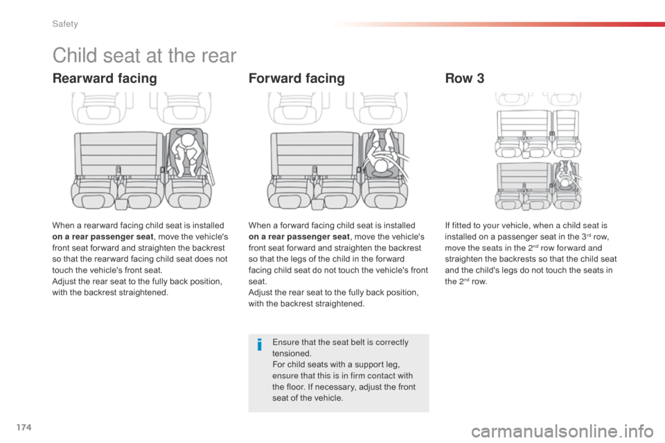 Citroen SPACETOURER 2016 1.G Owners Manual 174
Spacetourer-VP_en_Chap05_securite_ed01-2016
Child seat at the rear
Rearward facing
When a rear ward facing child seat is installed 
on a rear passenger seat, move the vehicles 
front seat for war