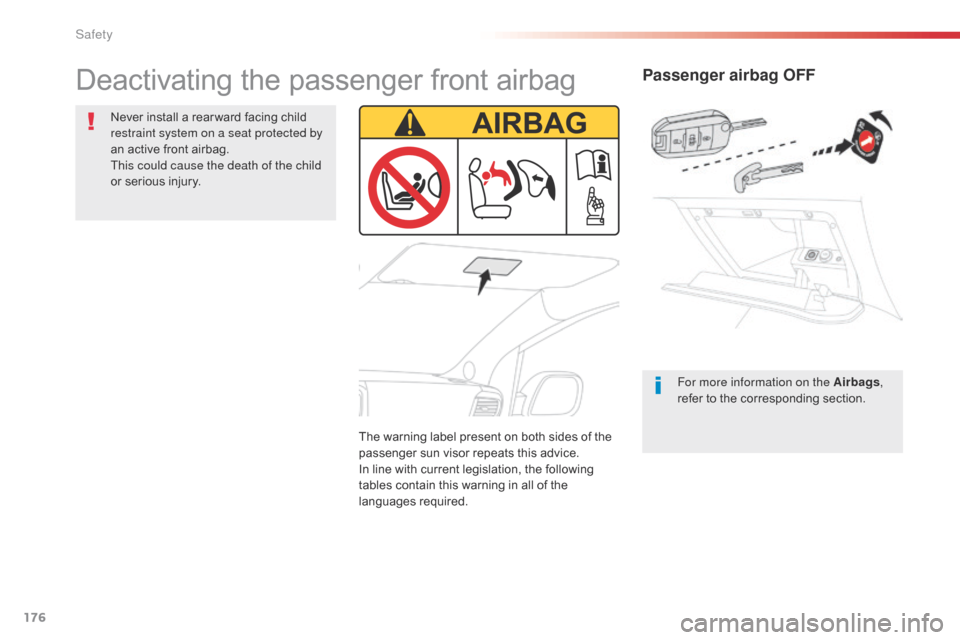 Citroen SPACETOURER 2016 1.G Owners Manual 176
Spacetourer-VP_en_Chap05_securite_ed01-2016
Passenger airbag OFF
For more information on the Airbags, 
refer to the corresponding section.
Deactivating the passenger front airbag
Never install a r