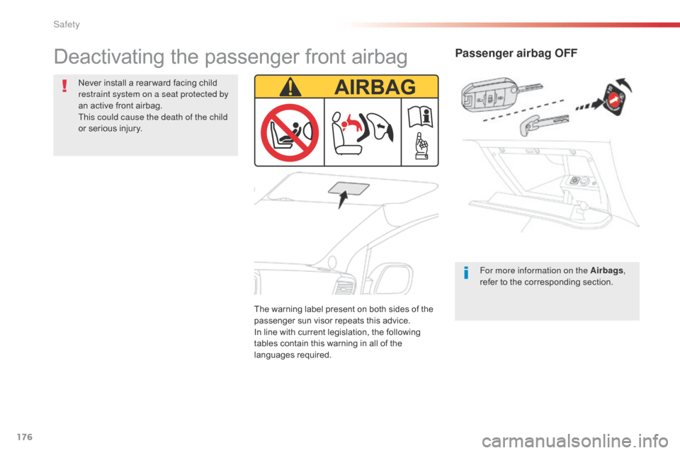 Citroen SPACETOURER 2016 1.G Owners Manual 176
Spacetourer-VP_en_Chap05_securite_ed01-2016
Passenger airbag OFF
For more information on the Airbags,
refer to the corresponding section.
Deactivating the passenger front airbag
Never install a r Citroen SPACETOURER 2016 1.G Owners Manual 176
Spacetourer-VP_en_Chap05_securite_ed01-2016
Passenger airbag OFF
For more information on the Airbags,
refer to the corresponding section.
Deactivating the passenger front airbag
Never install a r