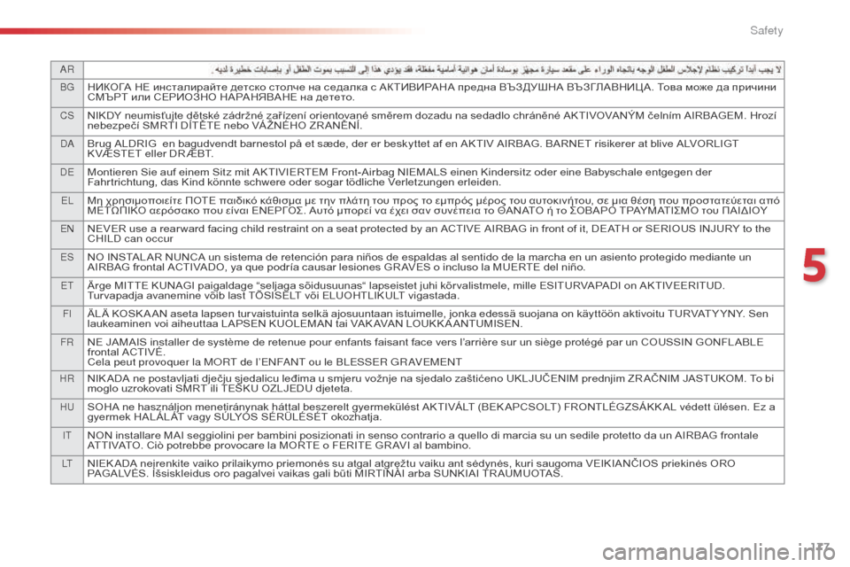 Citroen SPACETOURER 2016 1.G Owners Manual 177
AR
BG
НИКОГА НЕ инсталирайте детско столче на седалка с АКТИВИРАНА предна ВЪЗДУШНА ВЪЗГЛАВНИЦ А. Това може да