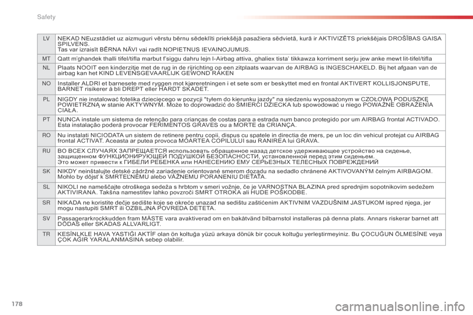 Citroen SPACETOURER 2016 1.G Owners Manual 178
LVNEK AD NEuzstādiet uz aizmuguri vērstu bērnu sēdeklīti priekšējā pasažiera sēdvietā, kurā ir AKTIVIZĒTS priekšējais DROŠĪBAS GAISA 
S P I LV E N S .
Tas var izraisīt BĒRNA NĀ