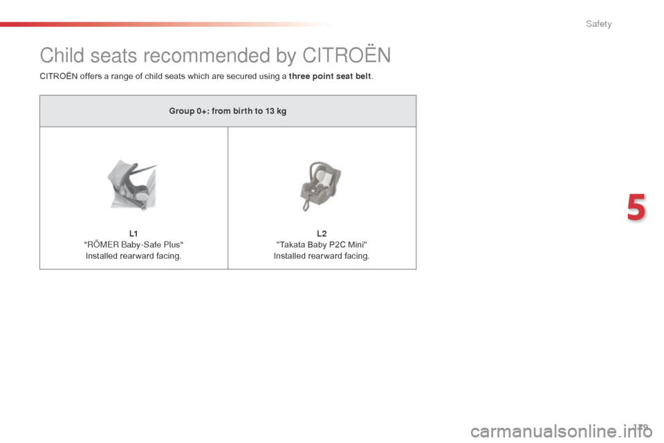 Citroen SPACETOURER 2016 1.G Owners Manual 179
Spacetourer-VP_en_Chap05_securite_ed01-2016
Child seats recommended by CITROËN
CITROËN offers a range of child seats which are secured using a three point seat belt.
Group 0+: from bir th to 13 