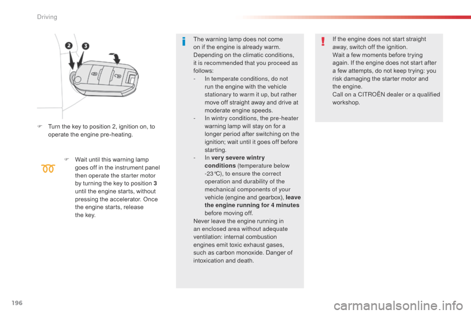 Citroen SPACETOURER 2016 1.G Owners Manual 196
Spacetourer-VP_en_Chap06_conduite_ed01-2016
F Turn the key to position 2, ignition on, to operate the engine pre-heating.
F
W
ait until this warning lamp
goes off in the instrument panel
then Citroen SPACETOURER 2016 1.G Owners Manual 196
Spacetourer-VP_en_Chap06_conduite_ed01-2016
F Turn the key to position 2, ignition on, to operate the engine pre-heating.
F
W
ait until this warning lamp
goes off in the instrument panel
then