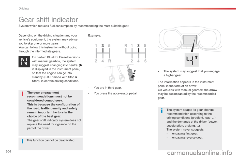 Citroen SPACETOURER 2016 1.G Owners Manual 204
Spacetourer-VP_en_Chap06_conduite_ed01-2016
Gear shift indicator
Depending on the driving situation and your
vehicles equipment, the system may advise
you to skip one or more gears.
You can fol Citroen SPACETOURER 2016 1.G Owners Manual 204
Spacetourer-VP_en_Chap06_conduite_ed01-2016
Gear shift indicator
Depending on the driving situation and your
vehicles equipment, the system may advise
you to skip one or more gears.
You can fol