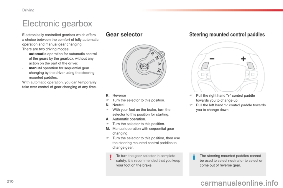 Citroen SPACETOURER 2016 1.G Owners Manual 210
Spacetourer-VP_en_Chap06_conduite_ed01-2016
Electronic gearbox
R. Reverse
F T urn the selector to this position.
N.
N
eutral.
F
W
ith your foot on the brake, turn the
selector to this positi Citroen SPACETOURER 2016 1.G Owners Manual 210
Spacetourer-VP_en_Chap06_conduite_ed01-2016
Electronic gearbox
R. Reverse
F T urn the selector to this position.
N.
N
eutral.
F
W
ith your foot on the brake, turn the
selector to this positi