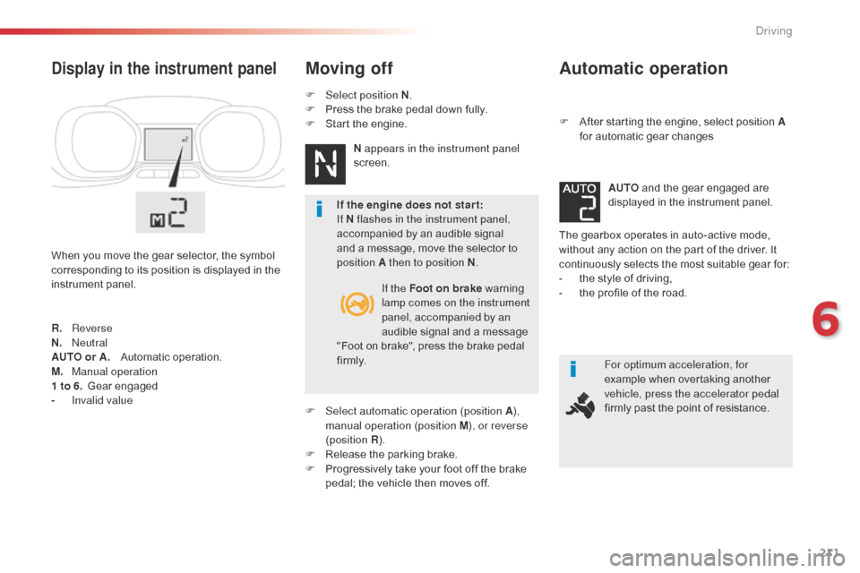Citroen SPACETOURER 2016 1.G Owners Manual 211
Spacetourer-VP_en_Chap06_conduite_ed01-2016
Automatic operation
F After starting the engine, select position A for automatic gear changes
The gearbox operates in auto-active mode,
without any act Citroen SPACETOURER 2016 1.G Owners Manual 211
Spacetourer-VP_en_Chap06_conduite_ed01-2016
Automatic operation
F After starting the engine, select position A for automatic gear changes
The gearbox operates in auto-active mode,
without any act