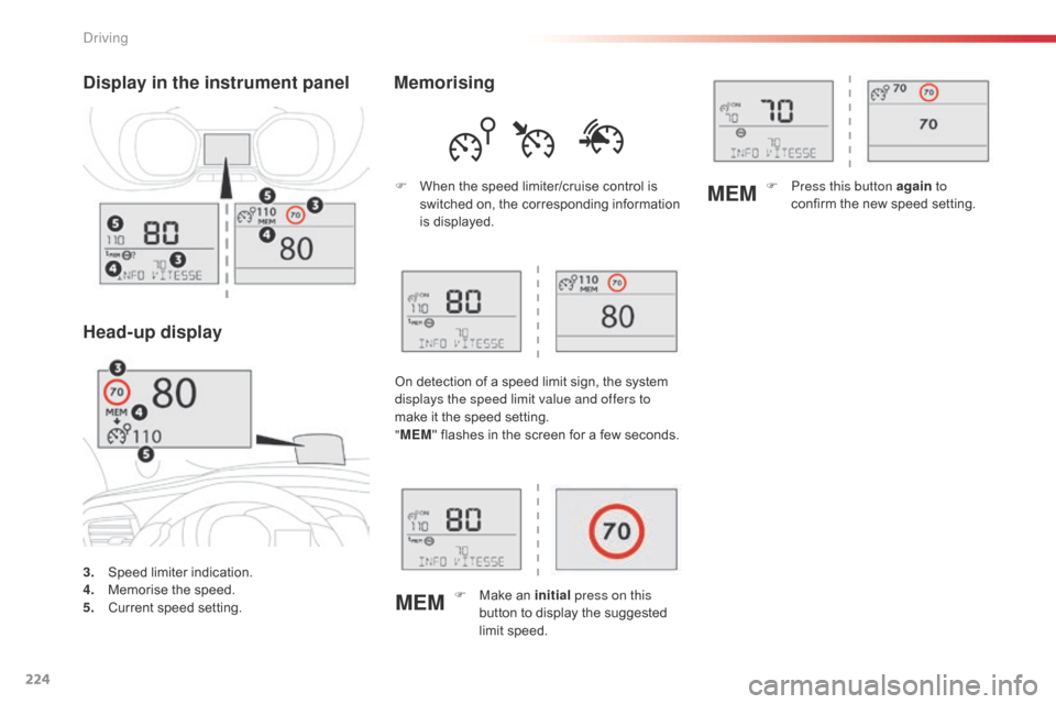 Citroen SPACETOURER 2016 1.G Owners Manual 224
MEMMEM
Spacetourer-VP_en_Chap06_conduite_ed01-2016
3. Speed limiter indication.
4. M
emorise the speed.
5.
 C

urrent speed setting.
Display in the instrument panel
Head-up display Memorising
F Wh