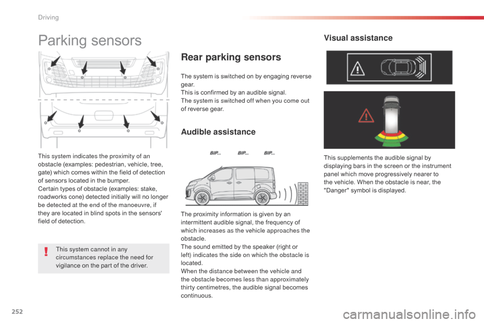 Citroen SPACETOURER 2016 1.G Owners Manual 252
Spacetourer-VP_en_Chap06_conduite_ed01-2016
This system indicates the proximity of an 
obstacle (examples: pedestrian, vehicle, tree, 
gate) which comes within the field of detection 
of sensors l