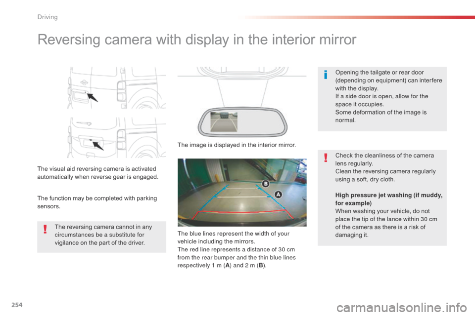 Citroen SPACETOURER 2016 1.G Owners Manual 254
Spacetourer-VP_en_Chap06_conduite_ed01-2016
Reversing camera with display in the interior mirror
The visual aid reversing camera is activated 
automatically when reverse gear is engaged.
The funct