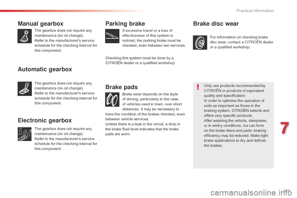 Citroen SPACETOURER 2016 1.G Owners Manual 277
Spacetourer-VP_en_Chap07_info-pratiques_ed01-2016
Manual gearbox
The gearbox does not require any
maintenance (no oil change).
Refer to the manufacturers service
schedule for the checking inter Citroen SPACETOURER 2016 1.G Owners Manual 277
Spacetourer-VP_en_Chap07_info-pratiques_ed01-2016
Manual gearbox
The gearbox does not require any
maintenance (no oil change).
Refer to the manufacturers service
schedule for the checking inter