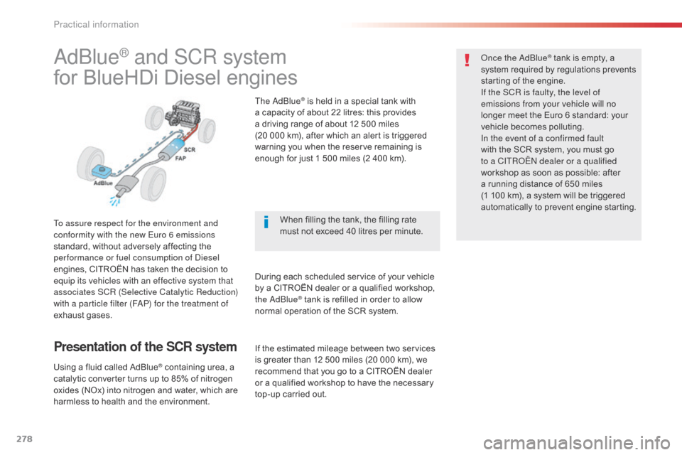 Citroen SPACETOURER 2016 1.G Owners Manual 278
Spacetourer-VP_en_Chap07_info-pratiques_ed01-2016
AdBlue® and SCR system
for BlueHDi Diesel engines
To assure respect for the environment and 
conformity with the new Euro 6 emissions 
standard, 