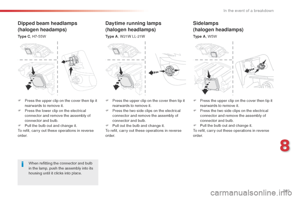 Citroen SPACETOURER 2016 1.G Owners Guide 301
Spacetourer-VP_en_Chap08_En-cas-de-panne_ed01-2016
When refitting the connector and bulb
in the lamp, push the assembly into its
housing until it clicks into place.
Dipped beam headlamps
(haloge Citroen SPACETOURER 2016 1.G Owners Guide 301
Spacetourer-VP_en_Chap08_En-cas-de-panne_ed01-2016
When refitting the connector and bulb
in the lamp, push the assembly into its
housing until it clicks into place.
Dipped beam headlamps
(haloge