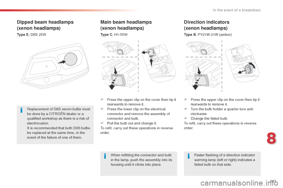 Citroen SPACETOURER 2016 1.G Owners Manual 303
Spacetourer-VP_en_Chap08_En-cas-de-panne_ed01-2016
Dipped beam headlamps
(xenon headlamps)
Ty p e  E, D8S 25W
F  
P
 ress the upper clip on the cover then tip it 
rear wards to remove it.
F
 
T
 u