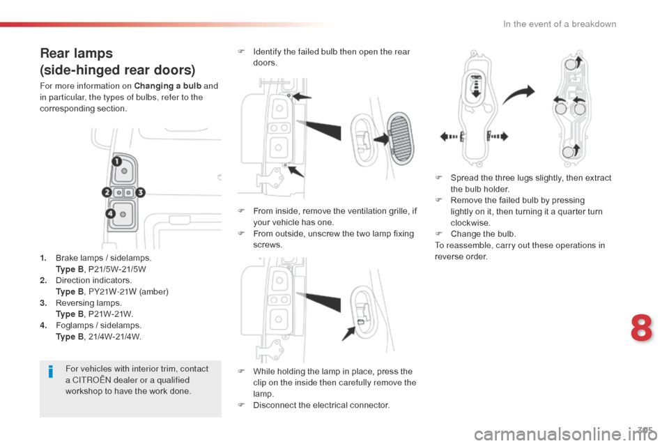 Citroen SPACETOURER 2016 1.G Owners Manual 305
Spacetourer-VP_en_Chap08_En-cas-de-panne_ed01-2016
Rear lamps
(side-hinged rear doors)
For more information on Changing a bulb and
in particular, the types of bulbs, refer to the
corresponding s Citroen SPACETOURER 2016 1.G Owners Manual 305
Spacetourer-VP_en_Chap08_En-cas-de-panne_ed01-2016
Rear lamps
(side-hinged rear doors)
For more information on Changing a bulb and
in particular, the types of bulbs, refer to the
corresponding s
