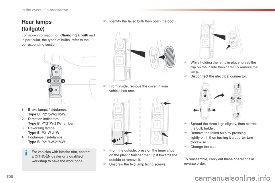 Citroen SPACETOURER 2016 1.G Owners Manual 308
Spacetourer-VP_en_Chap08_En-cas-de-panne_ed01-2016
Rear lamps
(tailgate)
For more information on Changing a bulb and
in particular, the types of bulbs, refer to the
corresponding section.
F
W
Citroen SPACETOURER 2016 1.G Owners Manual 308
Spacetourer-VP_en_Chap08_En-cas-de-panne_ed01-2016
Rear lamps
(tailgate)
For more information on Changing a bulb and
in particular, the types of bulbs, refer to the
corresponding section.
F
W