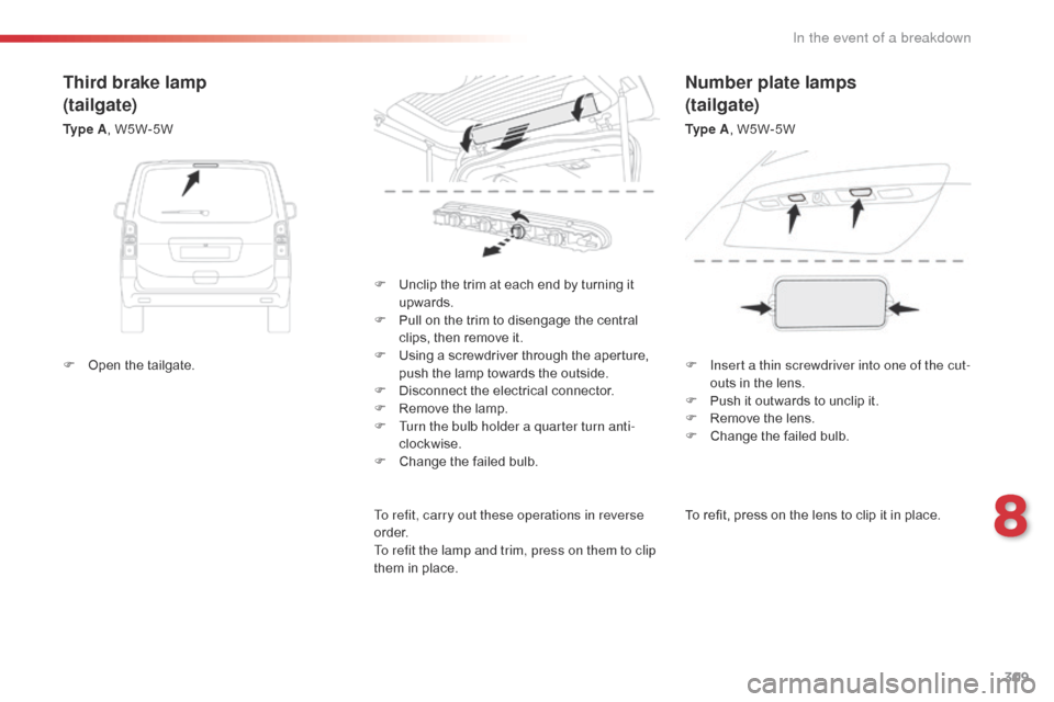 Citroen SPACETOURER 2016 1.G Owners Manual 309
Spacetourer-VP_en_Chap08_En-cas-de-panne_ed01-2016
To refit, press on the lens to clip it in place.
F
U
nclip the trim at each end by turning it
upwards.
F
P
ull on the trim to disengage th Citroen SPACETOURER 2016 1.G Owners Manual 309
Spacetourer-VP_en_Chap08_En-cas-de-panne_ed01-2016
To refit, press on the lens to clip it in place.
F
U
nclip the trim at each end by turning it
upwards.
F
P
ull on the trim to disengage th
