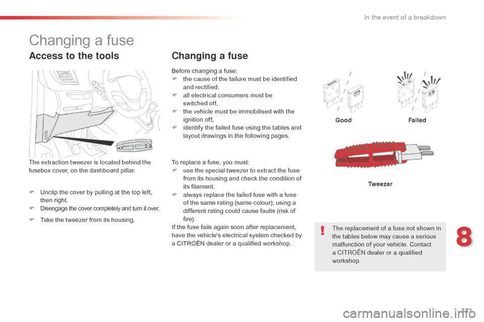 Citroen SPACETOURER 2016 1.G Owners Manual 311
Spacetourer-VP_en_Chap08_En-cas-de-panne_ed01-2016
F Unclip the cover by pulling at the top left, then right.
F
 
Disengage the cover completely and turn it over.
Good Failed
Tw e e z e r
Access t