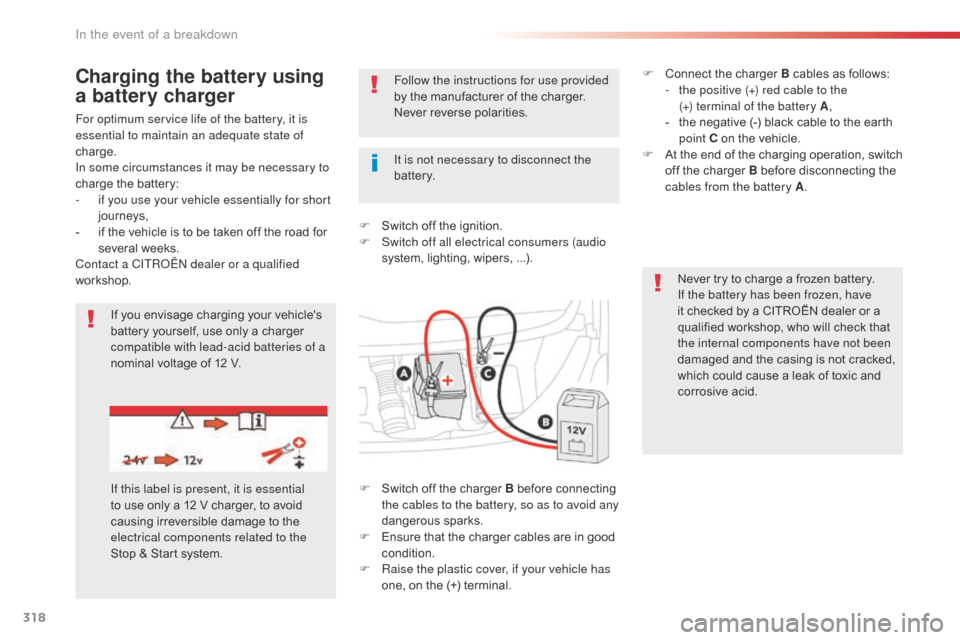 Citroen SPACETOURER 2016 1.G Owners Manual 318
Spacetourer-VP_en_Chap08_En-cas-de-panne_ed01-2016
For optimum service life of the battery, it is 
essential to maintain an adequate state of 
charge.
In some circumstances it may be necessary to 