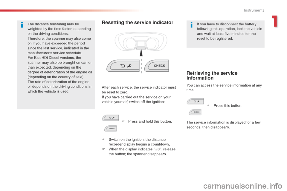 Citroen SPACETOURER 2016 1.G Owners Manual 31
Spacetourer-VP_en_Chap01_instruments-de-bord_ed01-2016
The distance remaining may be 
weighted by the time factor, depending 
on the driving conditions.
Therefore, the spanner may also come 
on if 