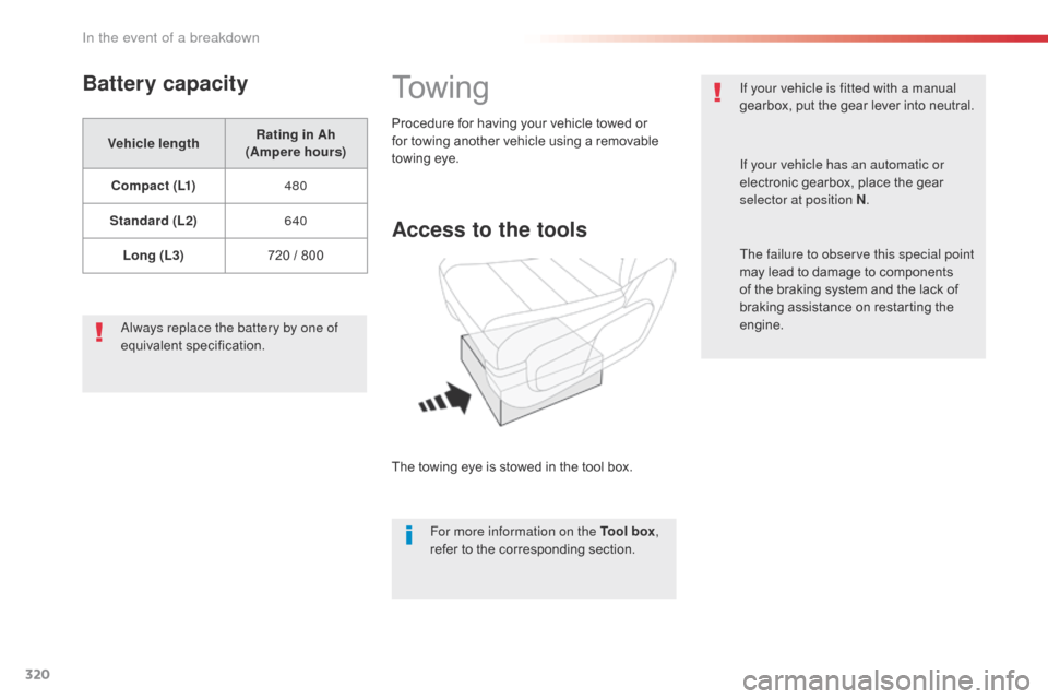 Citroen SPACETOURER 2016 1.G Owners Manual 320
Spacetourer-VP_en_Chap08_En-cas-de-panne_ed01-2016
Battery capacity
Vehicle lengthRating in Ah 
(Ampere hours)
C o m p a c t  ( L1) 480
Standard (L2) 640
Long (L3) 720 / 800
Always replace the bat