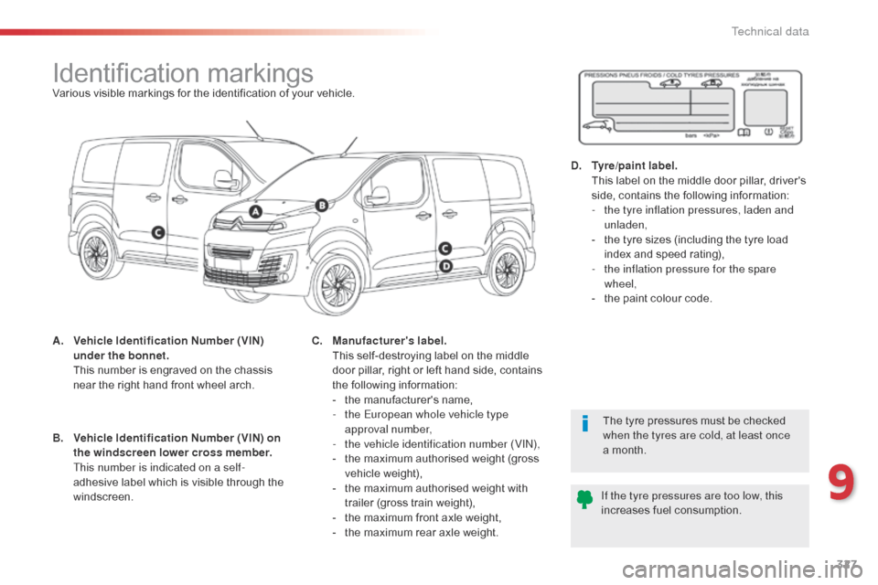 Citroen SPACETOURER 2016 1.G Owners Manual 327
Spacetourer-VP_en_Chap09_caracteristiques-techniques_ed01-2016
Identification markingsVarious visible markings for the identification of your vehicle.
A.
 V
ehicle Identification Number (VIN) 
und