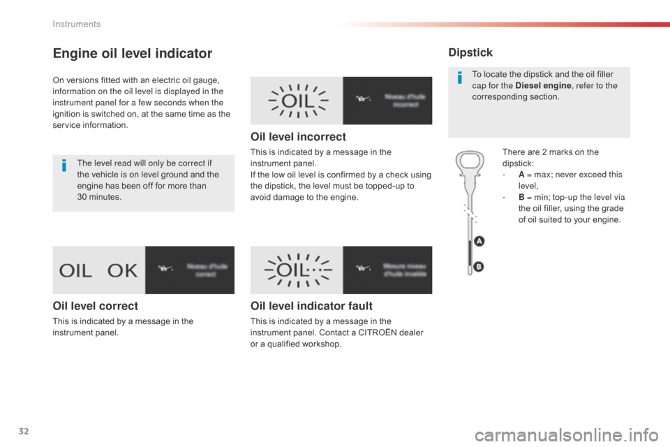 Citroen SPACETOURER 2016 1.G Owners Manual 32
Engine oil level indicator
On versions fitted with an electric oil gauge, 
information on the oil level is displayed in the 
instrument panel for a few seconds when the 
ignition is switched on, at