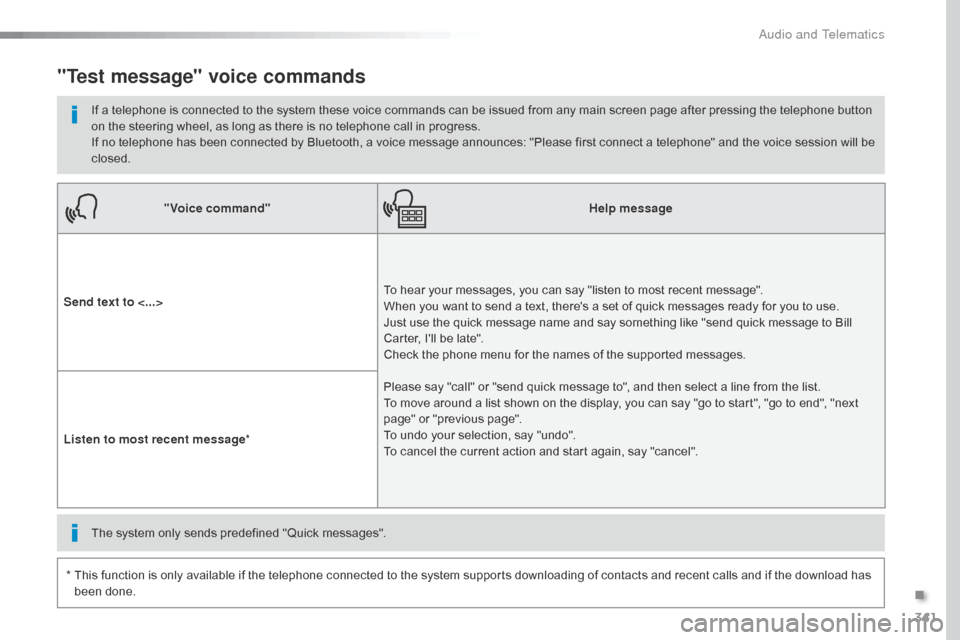 Citroen SPACETOURER 2016 1.G Owners Manual 341
Spacetourer-VP_en_Chap10b_NAC-1_ed01-2016
"Voice command"Help message
Send text to <...> To hear your messages, you can say "listen to most recent message".
When you want to send a text, theres Citroen SPACETOURER 2016 1.G Owners Manual 341
Spacetourer-VP_en_Chap10b_NAC-1_ed01-2016
"Voice command"Help message
Send text to <...> To hear your messages, you can say "listen to most recent message".
When you want to send a text, theres