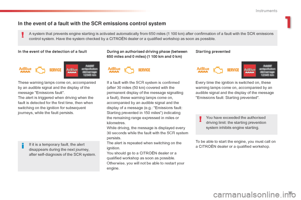 Citroen SPACETOURER 2016 1.G Owners Guide 35
Spacetourer-VP_en_Chap01_instruments-de-bord_ed01-2016
Starting prevented
Every time the ignition is switched on, these 
warning lamps come on, accompanied by an 
audible signal and the display of 