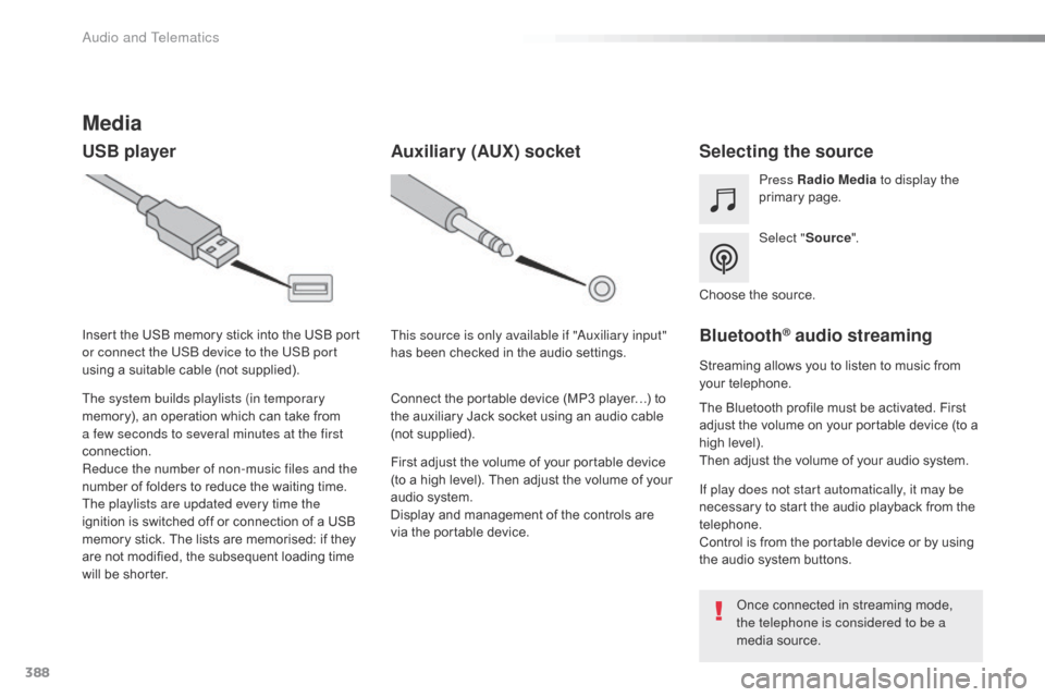 Citroen SPACETOURER 2016 1.G Owners Manual 388
Spacetourer-VP_en_Chap10b_NAC-1_ed01-2016
Media
USB playerSelecting the source
Select "Source".
Press Radio Media
 to display the 
primary page.
The system builds playlists (in temporary 
memory),