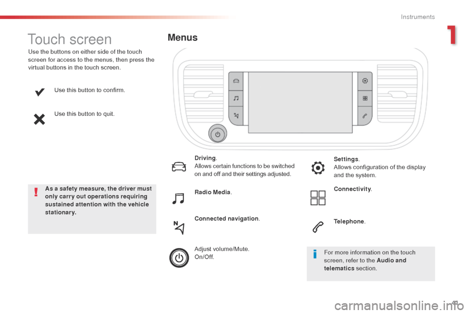 Citroen SPACETOURER 2016 1.G Owners Manual 41
Spacetourer-VP_en_Chap01_instruments-de-bord_ed01-2016
Use this button to confirm.
Use this button to quit.
Use the buttons on either side of the touch
screen for access to the menus, then press t Citroen SPACETOURER 2016 1.G Owners Manual 41
Spacetourer-VP_en_Chap01_instruments-de-bord_ed01-2016
Use this button to confirm.
Use this button to quit.
Use the buttons on either side of the touch
screen for access to the menus, then press t