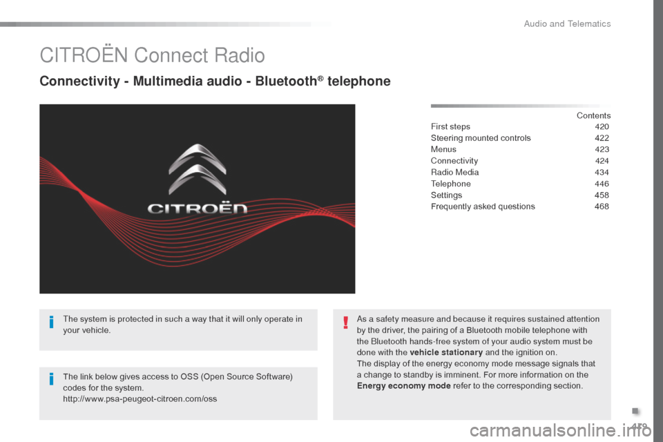 Citroen SPACETOURER 2016 1.G Owners Manual 419
Spacetourer-VP_en_Chap10c_RCC-1_ed01-2016
CITROËN Connect Radio
Connectivity - Multimedia audio - Bluetooth® telephone
Contents
First steps
4 20
Steering mounted controls
4
22
Menus
423
C Citroen SPACETOURER 2016 1.G Owners Manual 419
Spacetourer-VP_en_Chap10c_RCC-1_ed01-2016
CITROËN Connect Radio
Connectivity - Multimedia audio - Bluetooth® telephone
Contents
First steps
4 20
Steering mounted controls
4
22
Menus
423
C