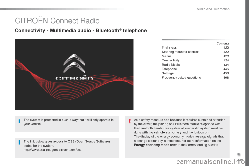 Citroen SPACETOURER 2016 1.G Owners Guide 419
Spacetourer-VP_en_Chap10c_RCC-1_ed01-2016
CITROËN Connect Radio
Connectivity - Multimedia audio - Bluetooth® telephone
Contents
First steps
 4 20
Steering mounted controls
 
4
 22
Menus
 

423
C