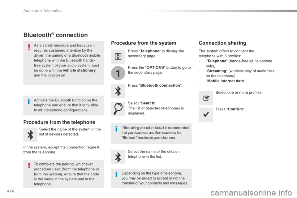 Citroen SPACETOURER 2016 1.G Owners Guide 426
1
Spacetourer-VP_en_Chap10c_RCC-1_ed01-2016
Bluetooth® connection
Procedure from the systemConnection sharing
Press "Telephone " to display the 
secondary page.
Press " Bluetooth connection ".
Se