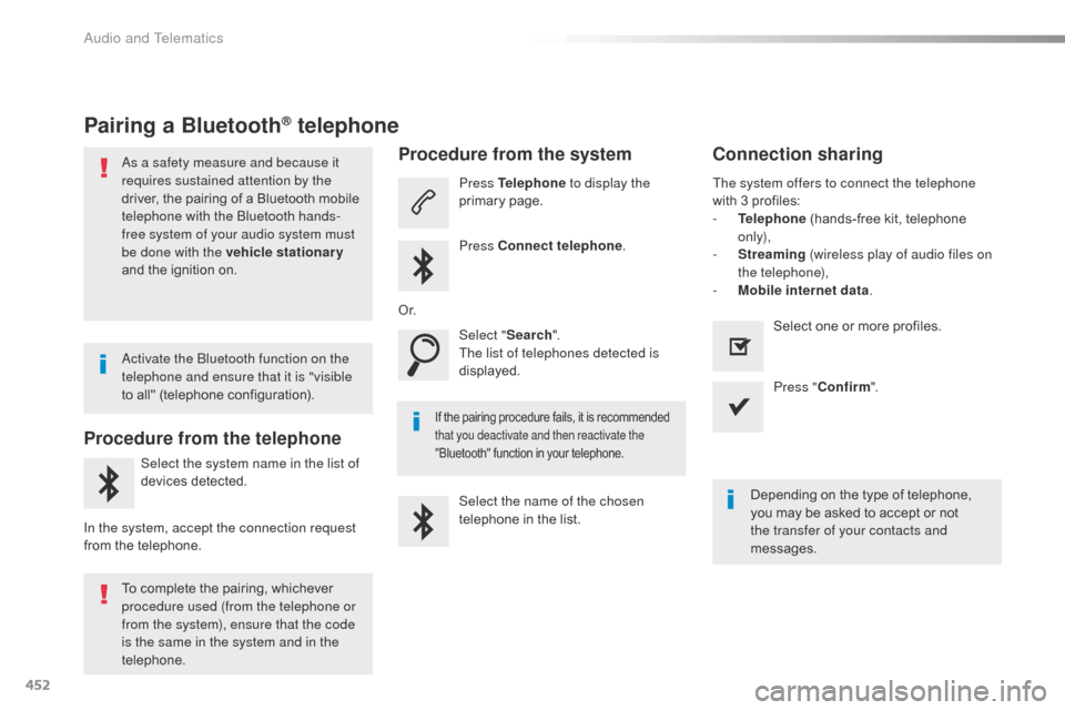 Citroen SPACETOURER 2016 1.G Service Manual 452
Spacetourer-VP_en_Chap10c_RCC-1_ed01-2016
Pairing a Bluetooth® telephone
As a safety measure and because it 
requires sustained attention by the 
driver, the pairing of a Bluetooth mobile 
teleph