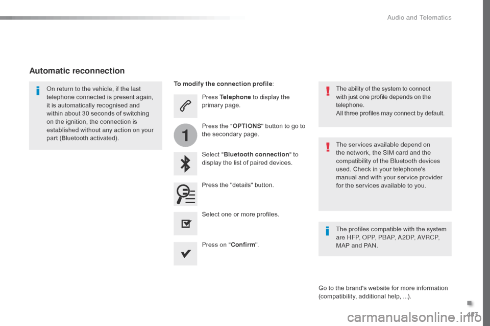 Citroen SPACETOURER 2016 1.G Owners Manual 453
1
Spacetourer-VP_en_Chap10c_RCC-1_ed01-2016
Press Telephone to display the
primary page.
Select " Bluetooth connection " to
display the list of paired devices.
On return to the vehicle, if the l Citroen SPACETOURER 2016 1.G Owners Manual 453
1
Spacetourer-VP_en_Chap10c_RCC-1_ed01-2016
Press Telephone to display the
primary page.
Select " Bluetooth connection " to
display the list of paired devices.
On return to the vehicle, if the l