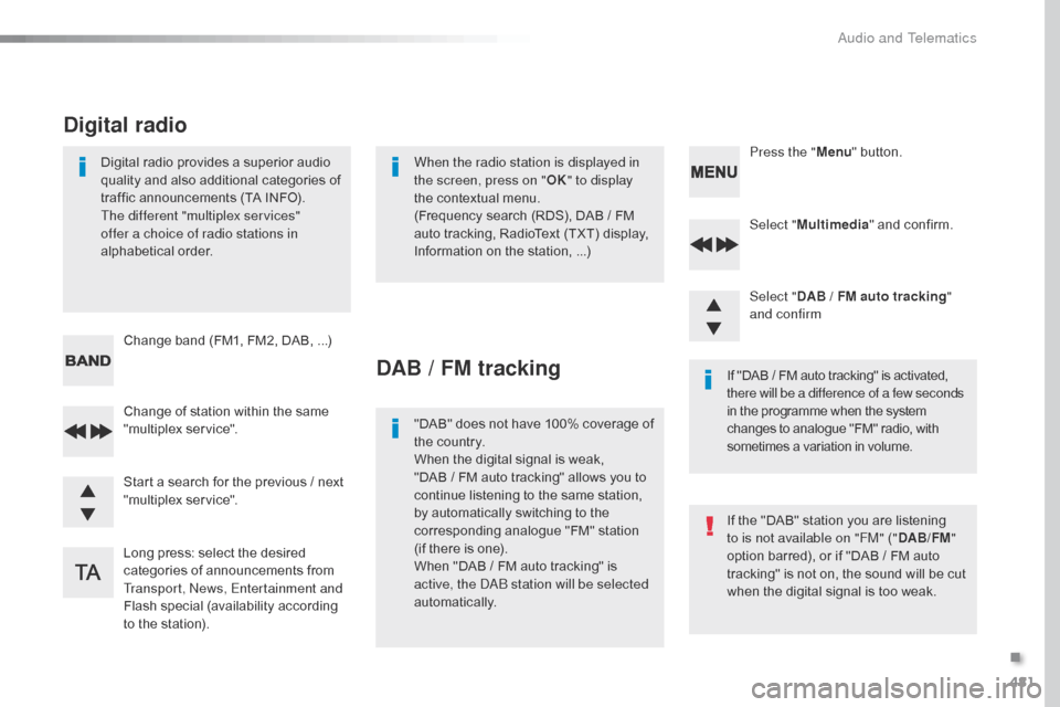 Citroen SPACETOURER 2016 1.G Owners Manual 481
Spacetourer-VP_en_Chap10d_RD6_ed01-2016
Select "Multimedia " and confirm.
Select " DAB / FM auto tracking "
and confirm
Long press: select the desired
categories of announcements from
Transport Citroen SPACETOURER 2016 1.G Owners Manual 481
Spacetourer-VP_en_Chap10d_RD6_ed01-2016
Select "Multimedia " and confirm.
Select " DAB / FM auto tracking "
and confirm
Long press: select the desired
categories of announcements from
Transport