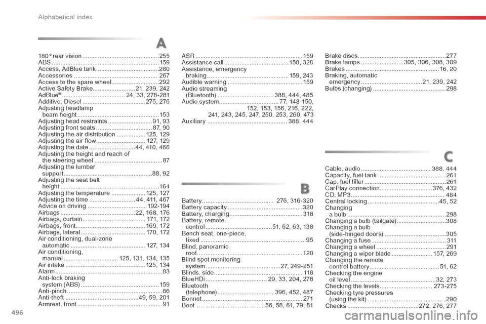 Citroen SPACETOURER 2016 1.G User Guide 496
Spacetourer-VP_en_Chap11_index-alpha_ed01-2016
180° rear vision .............................................255
ABS ........ ....................................................... 159
Access, A