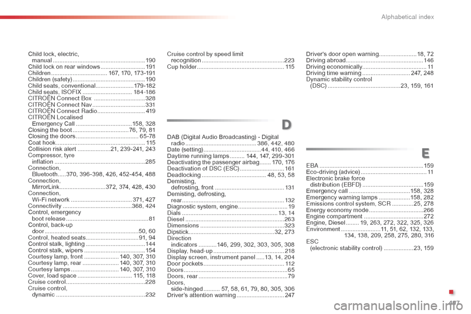 Citroen SPACETOURER 2016 1.G Owners Manual 497
Spacetourer-VP_en_Chap11_index-alpha_ed01-2016
Child lock, electric,  manual ............... ......................................... 19 0
Child lock on rear windows
 
...........................