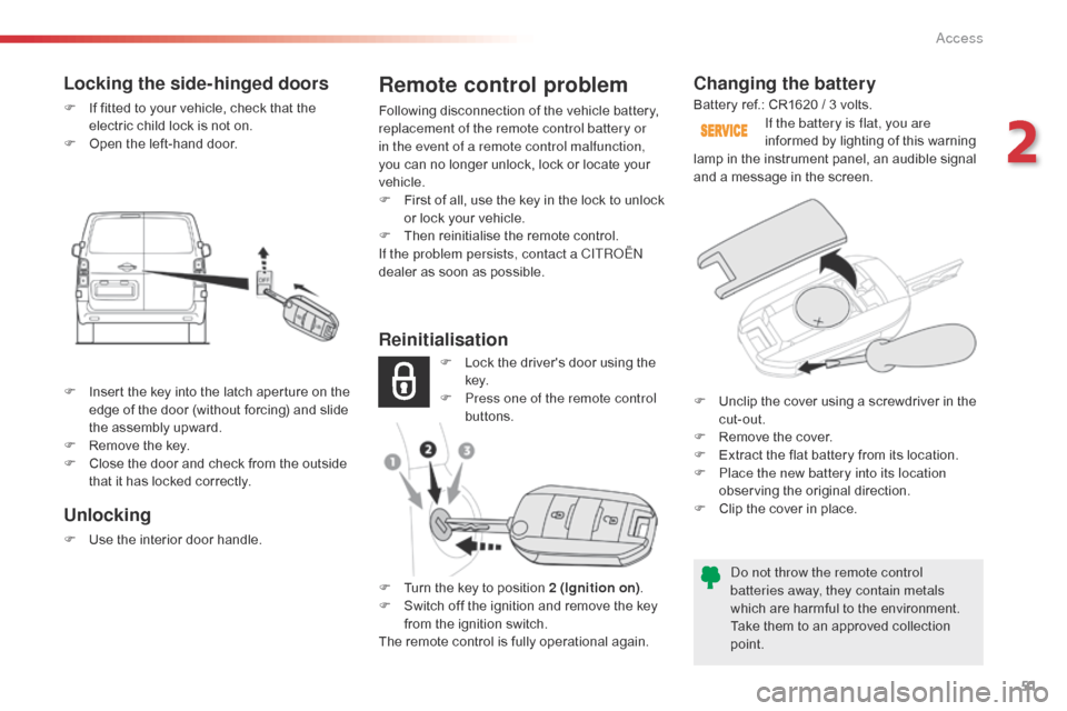 Citroen SPACETOURER 2016 1.G Owners Manual 51
Spacetourer-VP_en_Chap02_ouvertures_ed01-2016
Changing the battery
Do not throw the remote control 
batteries away, they contain metals 
which are harmful to the environment.
Take them to an approv