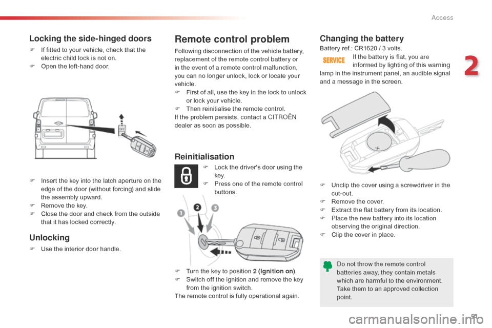 Citroen SPACETOURER 2016 1.G Workshop Manual 51
Spacetourer-VP_en_Chap02_ouvertures_ed01-2016
Changing the battery
Do not throw the remote control
batteries away, they contain metals
which are harmful to the environment.
Take them to an approv Citroen SPACETOURER 2016 1.G Workshop Manual 51
Spacetourer-VP_en_Chap02_ouvertures_ed01-2016
Changing the battery
Do not throw the remote control
batteries away, they contain metals
which are harmful to the environment.
Take them to an approv